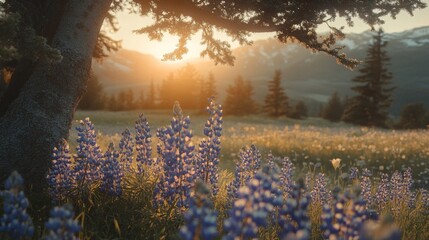 Golden Hour Lupines Bloom in Mountain Meadow