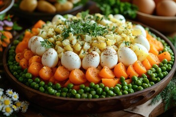 Sticker - Festive layered salad with boiled eggs, potatoes, carrots, and peas, garnished with mayonnaise and parsley