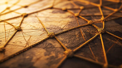 close up of golden rope web on rustic brown background