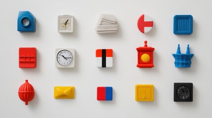 Poster - A colorful arrangement of various geometric shapes and objects on a white surface, showcasing creativity