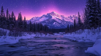 Poster - The peaceful river flows gently amidst majestic snowy mountains, creating a stunning contrast against the glowing purple sky as twilight descends, evoking a sense of tranquility and wonder