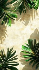 Aufkleber - Shadows of vibrant tropical palm leaves gracefully dance across a softly textured surface, creating a serene ambiance filled with sunlight. Nature meets artistry in this tranquil moment