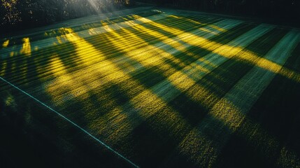 Poster - Golden rays of sunlight cast dynamic shadows across a lush green field, revealing a dance of light and texture. This captivating interplay enchants viewers at twilight, creating a tranquil atmosphere