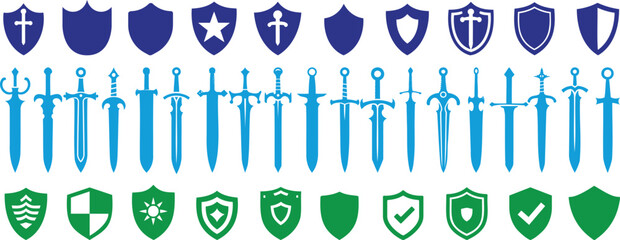 Wall Mural - sword and shield silhouette set, vector icons of shields and swords featuring medieval designs, hera