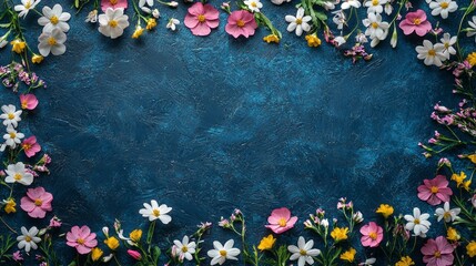 Aufkleber - Delicate spring blooms intertwine in a playful arrangement against a striking dark blue backdrop, bringing life and color to the canvas. Nature's palette shines with warmth and joy