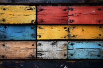 Wall Mural - Vintage Rustic Wooden Planks with Colorful Weathered Paint for Creative Design