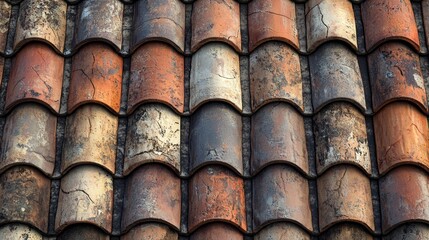 Poster - Rustic terracotta roof tiles are arranged seamlessly, creating a mesmerizing pattern that highlights their earthy tones and unique textures under gentle sunlight