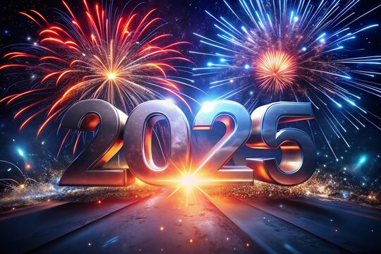 Happy New Year 2025.new Year's Eve Celebration, New Year Goals 2025 with firework background.