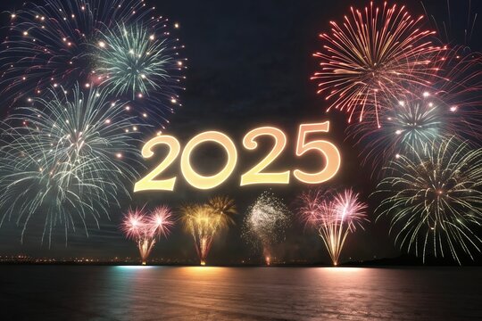 Happy New Year 2025.new Year's Eve Celebration, New Year Goals 2025 with firework background.