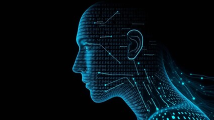 Silhouette of a head with binary code, representing the brain, mind, and technology, symbolizing intelligence and thinking, ai technology