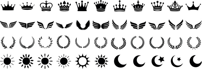 Wall Mural - crown, wing, laurel wreath, sun, moon vector icons. elegant black silhouettes of crowns, wings, laur
