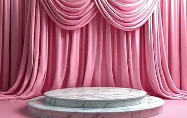 Poster - Marble podium with pink draped curtains.