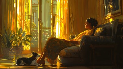 Poster - Side view of a woman resting on a couch with her dog at her feet, the room bathed in dim, golden light.