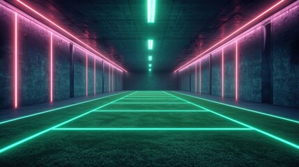 Poster - Abstract Neon Corridor With Glowing Pink and Green Lines