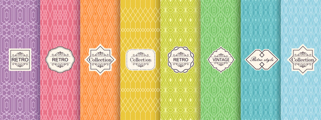 Aufkleber - Set of Cute geometric seamless patterns on vibrant background with minimal labels, frames. Abstract  vector textures.Vintage  Design for print, vaucher, decor, package, banner