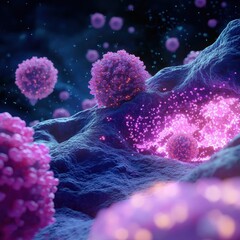 Poster - Closeup of nanobot technology interacting with glowing cells in a futuristic lab environment