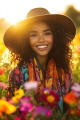 Wall Mural - Woman in sunlit flower field wearing a hat with colorful scarf, smiling and enjoying nature. Concept of happiness, outdoor lifestyle, and beauty in spring.