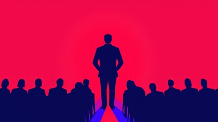 Poster - Silhouette of a Leader Presenting to an Audience in a Vibrant Red and Blue Color Scheme
