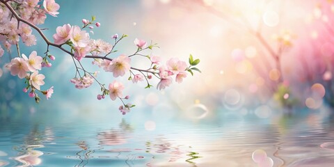 Naklejka na meble Delicate floral patterns float gently above a serene landscape, surrounded by soft pastel hues and gentle water ripples