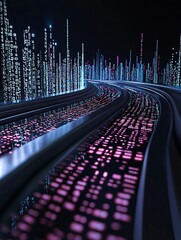 Poster - An abstract artistic representation of market research data flowing like streams of light