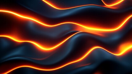 Fototapete - Abstract Dark Waves with Glowing Orange Lines