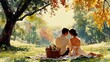 © cynz - A couple sitting on a blanket in a sunny park, sharing a basket of fresh fruit