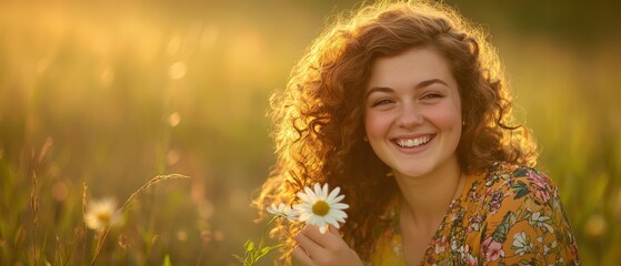 Wall Mural - Woman smiling with a daisy in a sunlit field, enjoying nature and embracing happiness, capturing the essence of joy, relaxation, and springtime beauty.