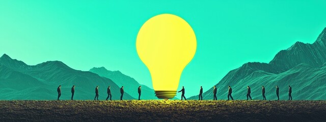 Poster - Creative Visualization of Team Collaboration with Giant Light Bulb on Mountain Landscape