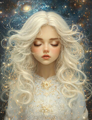 Wall Mural - serene portrait of young woman with flowing white hair, surrounded by cosmic background filled with stars and galaxies, evoking sense of wonder and tranquility