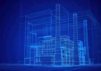 Poster - A digital blueprint of an industrial facility, showcasing a three-dimensional structure with prominent smokestacks against a blue background.