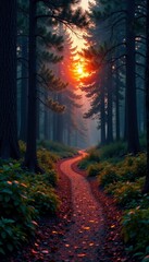 Wall Mural - Glowing embers trail along a winding forest path at dusk, landscape, calming