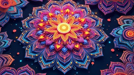 Poster - A colorful flower with a yellow center. The flower is surrounded by a blue background. The flower is made of small pieces of paper