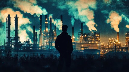 Poster - Industrial elements like factories and machines within a mans silhouette, symbolizing modernization and industry.