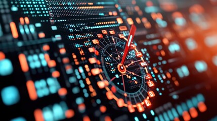 Poster - High-Tech Interface with Clock Element and Data Visualization in Orange and Blue Colors