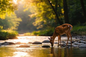 Wall Mural - Fawn Drinking from a Forest Stream at Sunset