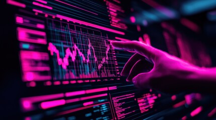 Poster - hand reaching towards digital interface with colorful data visualization in futuristic environment