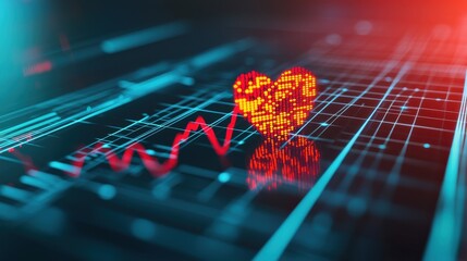 Poster - Red Heart Shape Overlaid on Digital Heartbeat Graph Representing Technology and Health Connection
