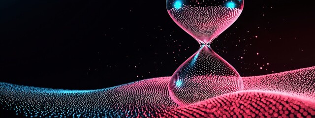 Poster - glowing hourglass in a dazzling modern design with colorful particle waves and dark background