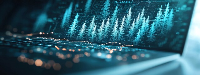 Poster - Digital Forest Visualization with Computer Code Elements in Blue and Green Hues on Laptop Screen
