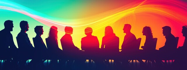 Poster - Diverse Group Silhouettes in Meeting with Colorful Background of Light Waves Creating a Vibrant Atmosphere