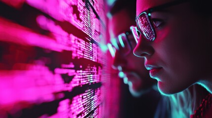 Aufkleber - female and male programmers focus on coding data analysis in neon pink glow reflecting on glasses at
