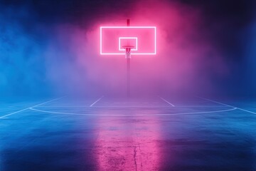 neon basketball hoop in a foggy night court