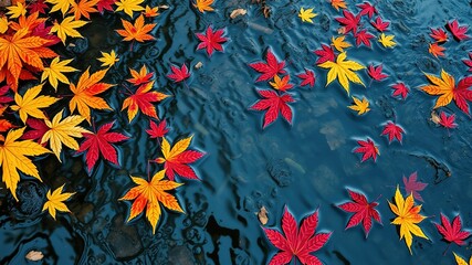 Wall Mural - Autumn Maple Leaves Floating Stream - Fall Colors