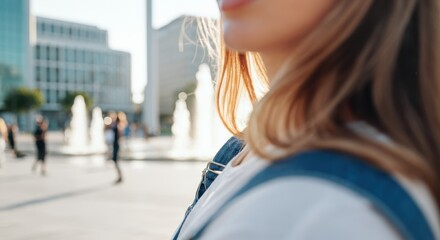 Young caucasian female in urban park with fountains and architecture