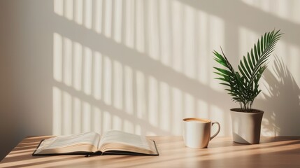 Wall Mural - Peaceful Morning Still Life An Open Book, Coffee, and a Plant in Sunlight