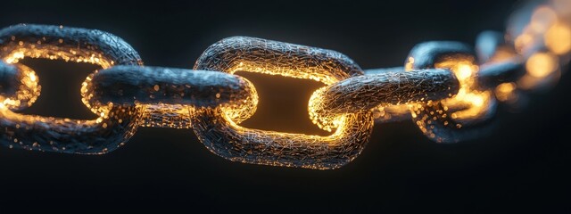 Poster - Metallic Chain Links with Glowing Effect in Dark Background for Digital Art or Technology Concept