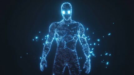 Glowing digital humanoid figure, dark background, particle effects, sci-fi concept art