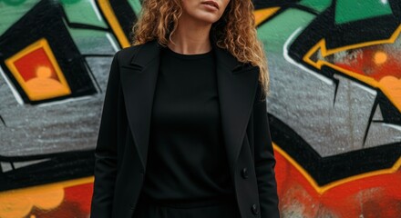 Wall Mural - Young caucasian female in black outfit posing against colorful graffiti wall