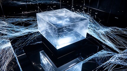 Wall Mural - A cube made of glass is surrounded by a web of blue lines