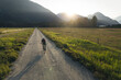 © Cavan Images - Gravel cyclist rides a rural road in sunlight near distant mountains